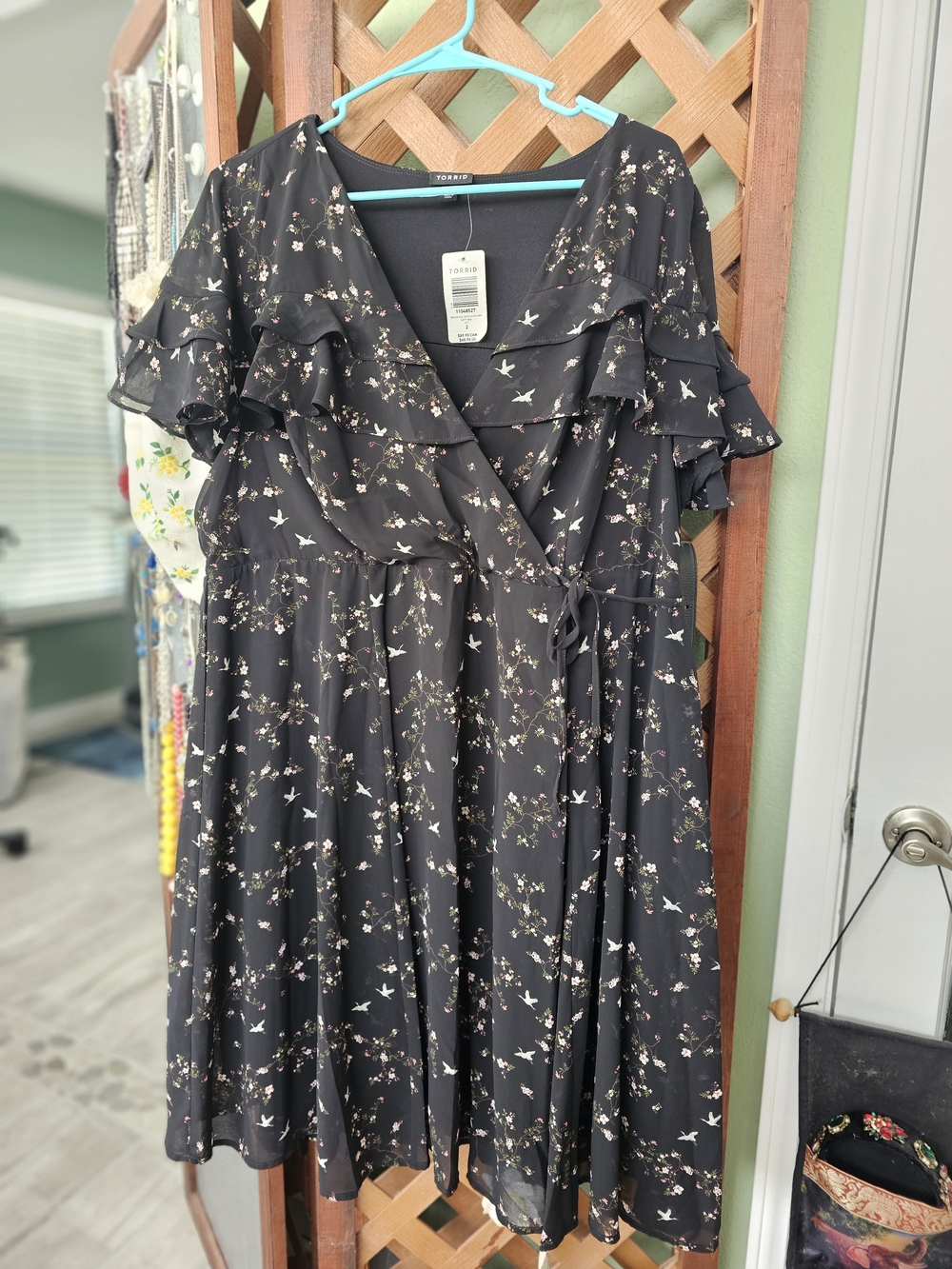 torrid Black Floral & Bird-Print Ruffle Wrap Midi Dress